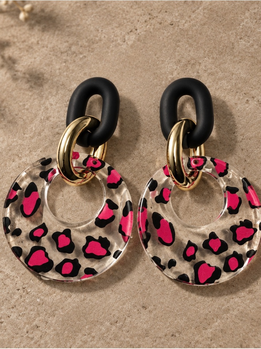 Fashion Jewelry Gold & Black Hoop Earrings with Pink Leopard Discs